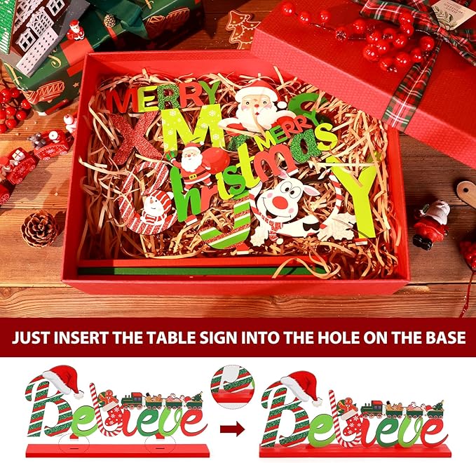 Hommtina 6 Pcs Table Decorations, Merry Tabletop Wooden Sign Indoor Decorations for Dinner Party Coffee Table