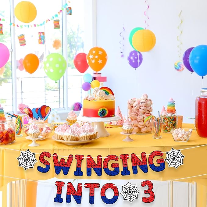 TaoBary Spider Theme 3rd Birthday Banner, Pre-strung Swinging into 3 Banner, Spider 3rd Birthday Decorations Party Supplies for Kids, Third Decor for 3 Year Old Boys Girls( Multicolor)