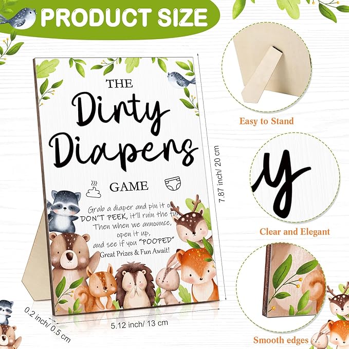 Roowest 51 Pcs Dirty Diaper Baby Shower Games Funny Wooden Sign with 50 Pcs Mini Diapers Cute Felt for Gender Reveal Party Baby Shower(Woodland Animals)