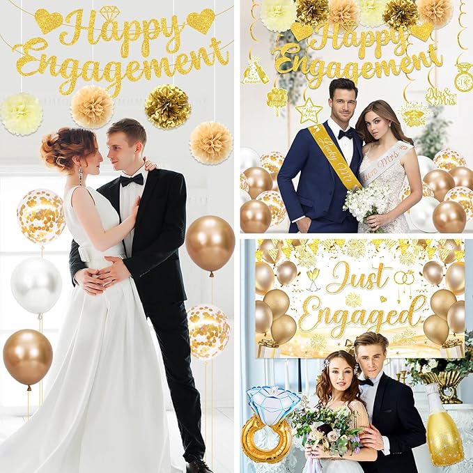 Gold Engagement Party Decorations Just Engaged Decorations Happy Engagement Banner Backdrop Banner Hanging Swirls for Married Decorations Congratulations Wedding Bachelorette Party Decorations