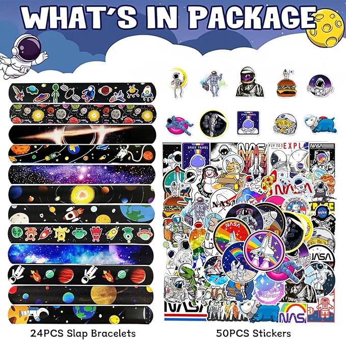 74PCS Space Slap Bracelets&Stickers Outer Space Theme 24PCS Slap Bracelets 50PCS Stickers Party Favors Basket Bag Filler School Prizes Gifts Party Favors Bulk