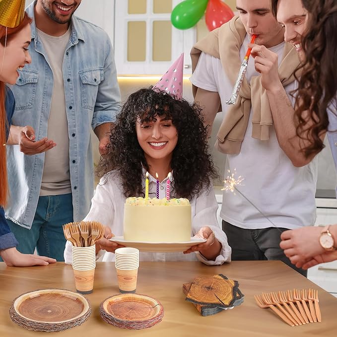 Kochorie 144 Pieces Rustic Wood Party Supplies, Wood Grain Slice Tableware Sets Including Disposable Paper Plates Napkins Cups Forks Serves 24 for Camping Birthday Forest Themed Party Decorations