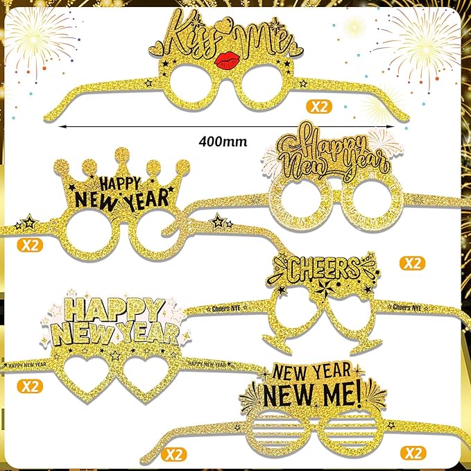 HOWAF New Years Eve Party Supplies 2026, Happy New Years Party Favors Headband Cone Hats Glitter Paper Eyeglasses Noise Makers Laser Gold New Year Decorations 2026 for NYE Favor Accessories 36pcs