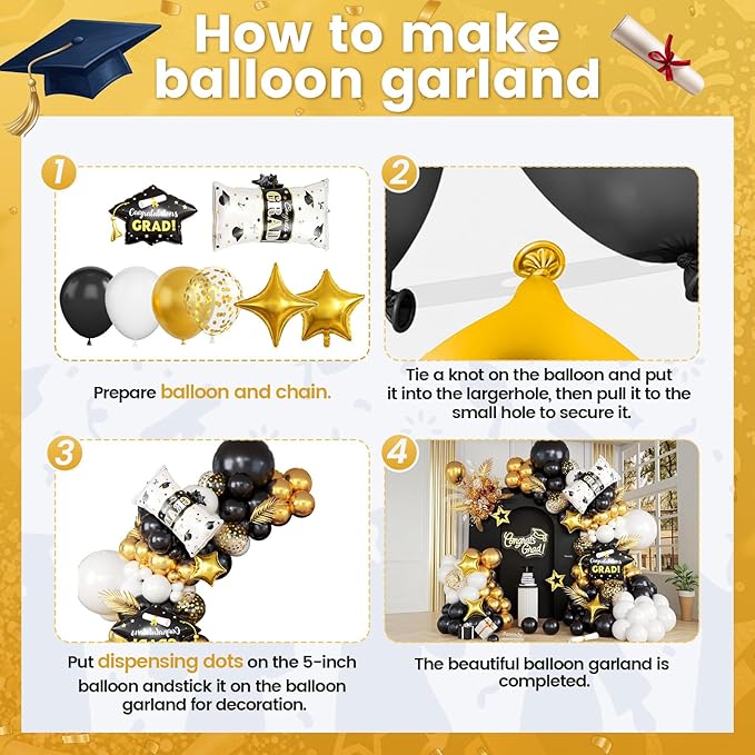 Black Gold Balloons Arch Kit, Black White Gold Balloon Arch with Grad Cap Star Graduation Certificate Foil Balloon, Golden Confetti Balloons for 2026 Graduation Decoration Birthday Anniversary Party