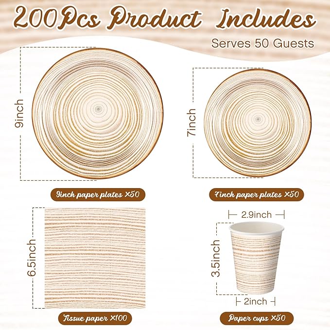 250 Pieces Rustic Wood Grain Party Tableware Set - Disposable Paper Plates, Cups & Napkins for 50 Guests - Lumberjack, Farmhouse, Camping, Forest Theme Birthday Decorations(Apricot)