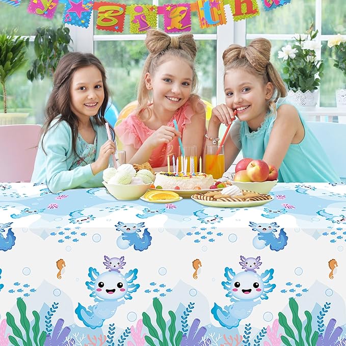 Axolotl Plastic Party Tablecovers - 3 Pack Blue Cartoon Axolotl Table Cover Decorations Disposable Waterproof Rectangle Plastic Tablecloths Rectangle Kids Birthday Baby Shower Camping Events