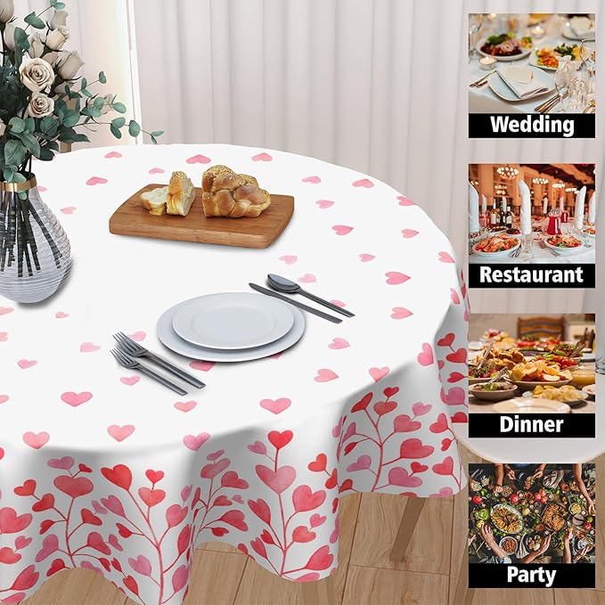 Valentine's Day Round Tablecloth 70 Inch Heart Pattern Circle Table Cloth Pink and White Table Cover Washable Polyester Indoor Decorations for Home Kitchen Dinning Party