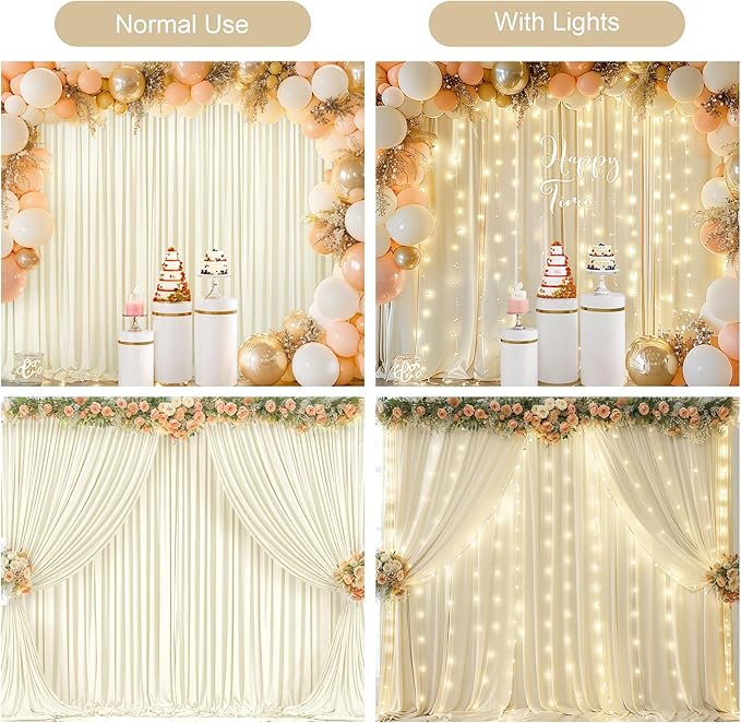 20x10FT Beige Backdrop Curtains with Lights for Parties,Wrinkle Free Wedding Photo Backdrop Curtains for Baby Shower Birthday Ceremony Reception Home Party Decorations-5ft x 10ft,4 Panels