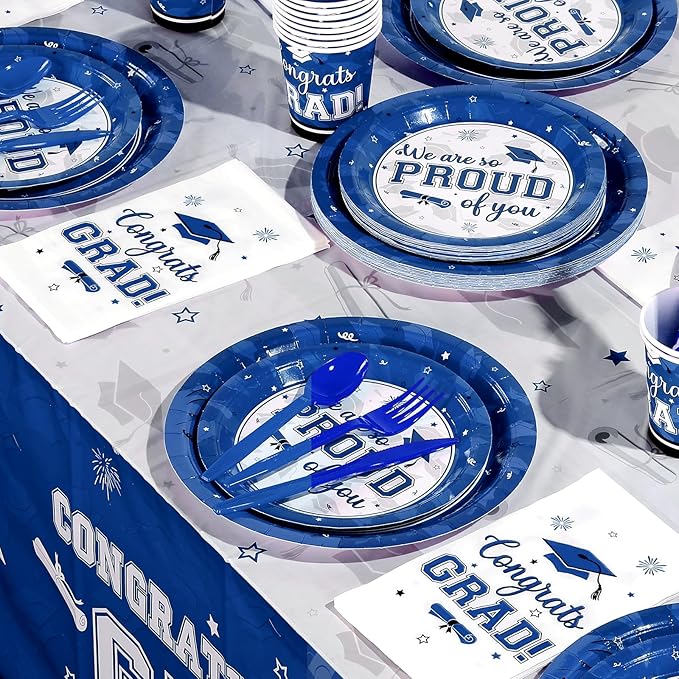Graduation Party Supplies Congrats Grad Plates and Napkins Set Serve 50, Disposable Tableware Paper Plates Napkins Cups Knives Spoons Forks Straws for Class of 2026 Graduation Party Decorations (Blue)