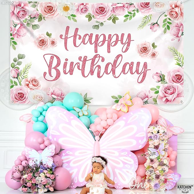 KatchOn, XtraLarge Pink Happy Birthday Banner - 72x44 Inch | Birthday Decorations for Girls, Women | Pink Glitter Backdrop for Floral Party Decorations