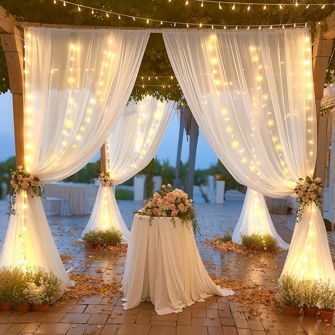 20×10ft White Tulle Backdrop Curtain with Lights String for Parties, Sheer Photo Backdrop Curtains for Wedding Ceremony Birthday Party Bridal Shower Decoration