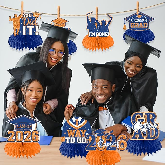 12pcs Graduation Table Decorations,Orange and Blue Graduation Decorations Graduation Centerpieces for Tables Class of 2026 Centerpieces Honeycomb for 2026 Congrats Grad Table Decor (Orange and Blue)
