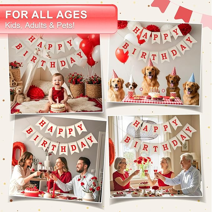 Happy Birthday Banner - Pre‑Strung Burlap Birthday Decorations and Reusable Birthday Sign for Men, Women & Kids | Party Supplies Backdrop (Red)