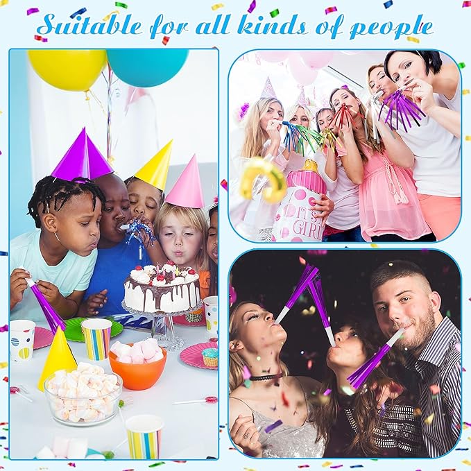 Noise Makers Party Horns, 30 Pack, Purple Metallic Glitter with Fringe, for Birthday, Wedding, New Year