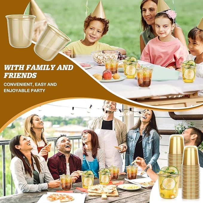 KesaPlan 100 Pcs Gold Plastic Cups, 12oz Disposable Stemless Wine Glasses for Cocktail Cute Clear Cocktail Wine Glasses Gold Party Cups for Meeting Wedding Graduation Holiday Party