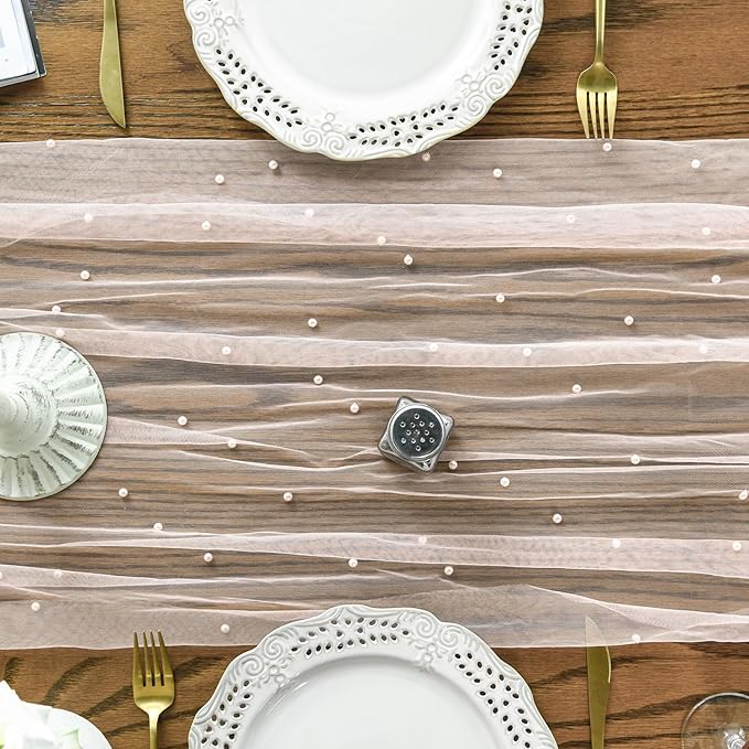 Artoid Mode 10PCS Pearl Pink Gauze Table Runner 120 Inch 10FT, Seasonal Sheer Dining Holiday Wedding Birthday Baby Shower Table Decor for Home Party