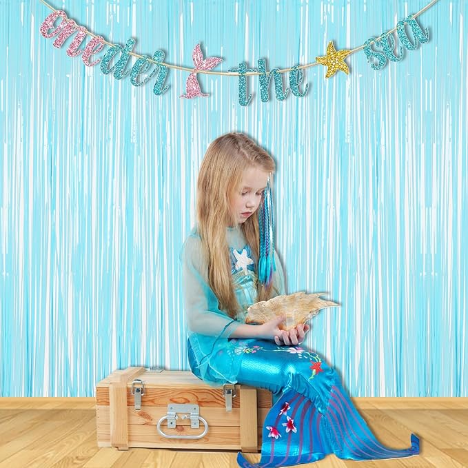 BRAVESHINE Fringe Curtains Backdrop - 2Pcs Pastel Blue Party Streamers Backdrop for Easter/Winter’s Snowflake/Frozen/Boy/Under Sea/Ocean/Shark/Mermaid/Bachelorette/Birthday Decorations
