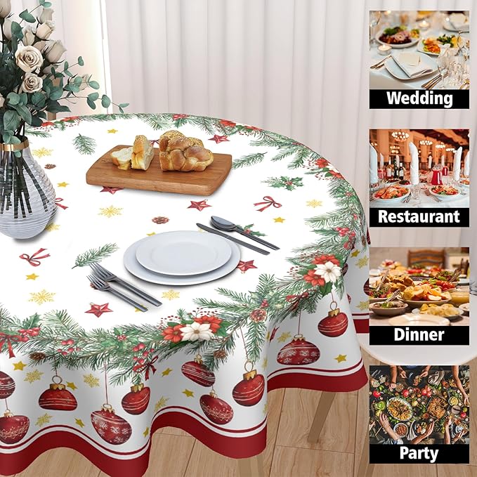 Christmas Round Tablecloth 70 Inch Xmas Bells and Snowflake Pattern Table Cloth Circle Winter Holiday Table Cover Washable Polyester Indoor Decor for Home Kitchen Dinning Party