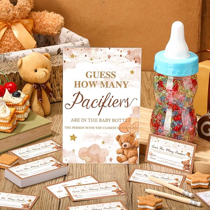 Syhood Brown Bear Baby Shower Games Guess How Many Pacifiers Game Sign 50 Small Guessing Games 20 HB Pencils 750 ml Milk Bottle 400 Acrylic Pacifiers Decorations Guests Gender Reveal Party Favors