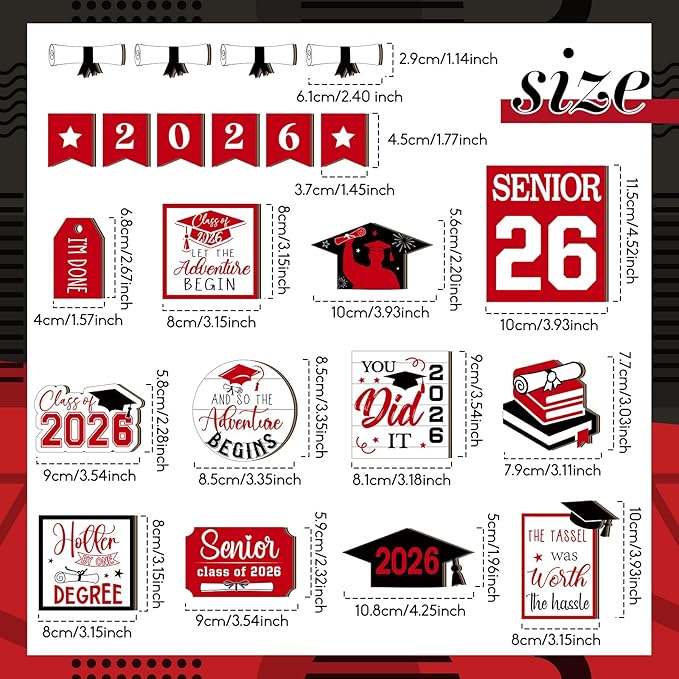 22 Pcs 2026 Graduation Tiered Tray Decor Sets Wooden Graduation Class of 2026 Table Decorations Senior 2026 Gown Diploma Farmhouse Signs for Home Shelf Party Office Desk(Red)