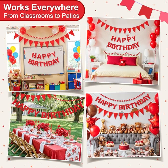 Pre-Strung Happy Birthday Banner & Felt Garland Set - Red Birthday Decorations for Women Girls | Reusable Party Supplies for Indoor & Outdoor