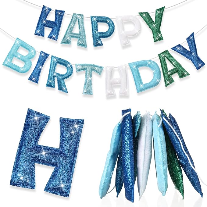 Tegeme Felt Happy Birthday Banner, Teal Glitter Turquoise Happy Birthday Garland Reusable Colorful Rainbow Decoration for Woman, Man Party Photo Prop