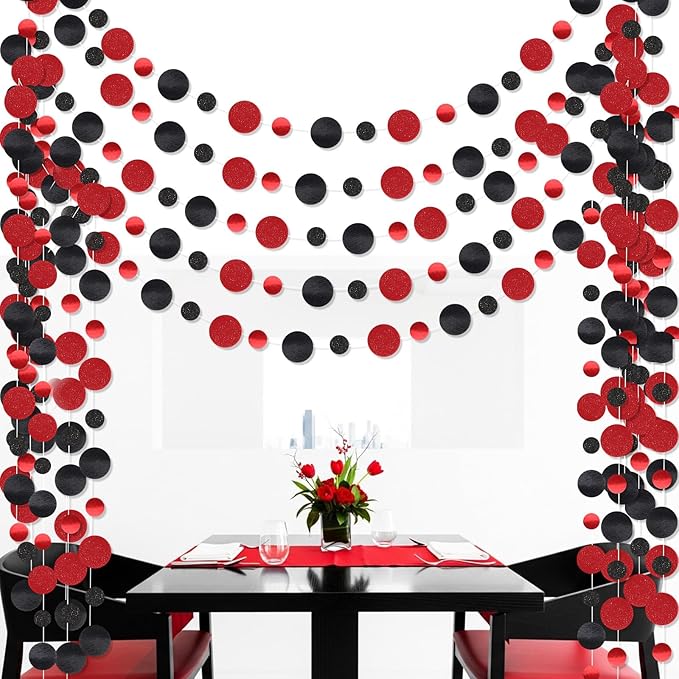 Outus 5 Pieces Black,Red Round Dots Garland Easter Graduation Party Hanging Decor Each Length 13.1ft Glitter Paper Dot Streamers for Birthday Wedding Classroom