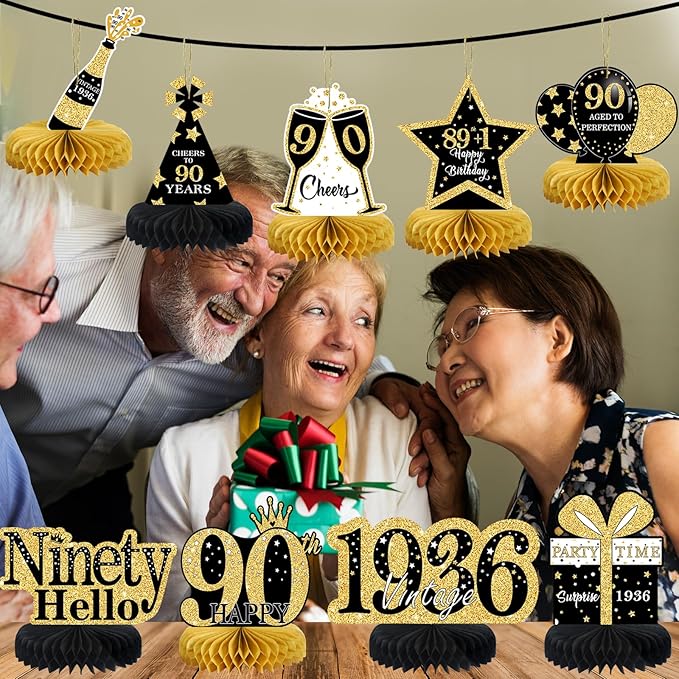 9Pcs 90th Birthday Decorations Honeycomb Centerpieces for Women,Black Gold Happy 90th Birthday Centerpieces Tables Toppers Party Decorations Supplies, Vintage 1936 Aged Table Sign Decor