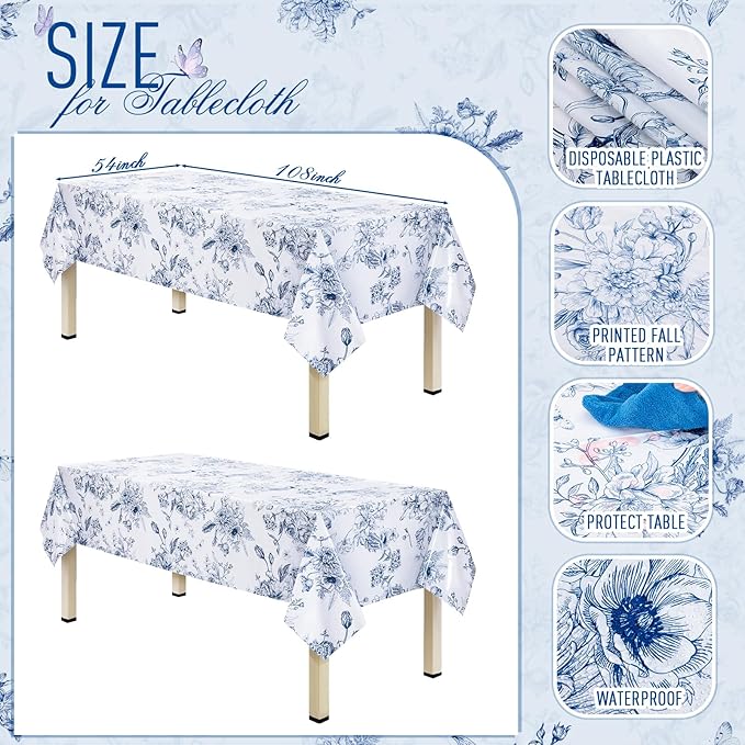 352 Pcs Blue Floral Disposable Tableware Set Vintage Flower Party Supplies Set for 50 Guests Tea Party Disposable Dinnerware Includes Plates Napkins Cups Cutlery for Wedding Bridal Shower