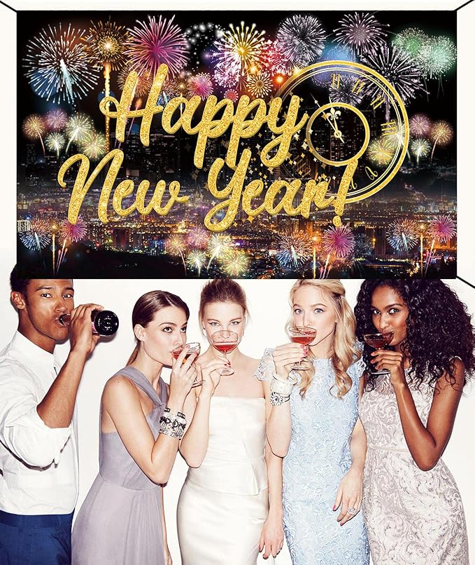Famoby Happy New Year Fabric Sign Poster Backdrop with Fireworks for New Year Photo Booth Background Party Decoration