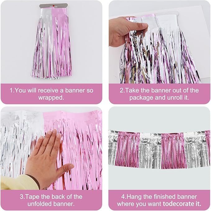 BEISHIDA 3 Packs Metallic Foil Fringe Garland Pink Silver Wall Hanging Tinsel Fringe Banners for Car Floats Birthday Baby Bridal Shower Wedding Graduation Holiday Party Decoration(30 Feet)