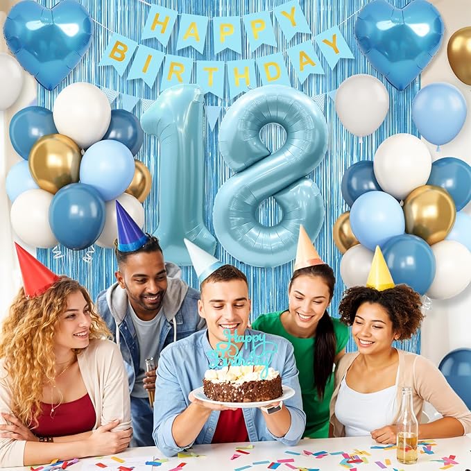 18th Birthday Decorations Blue White Gold,18th Birthday Balloons with Happy Birthday Banner Fringe Curtain Heart Foil Balloons for Boys Girls 18 Year Old Birthday Decor