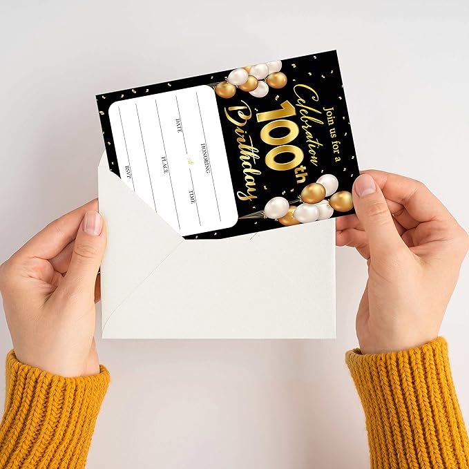 100th Birthday Invitation Cards with Envelopes - Classic Gold Theme Fill in The Blank Birthday Party Invite Cards, for Man, Woman Entertain Banquet Party Supplies, 20 Invites With Envelopes - B24