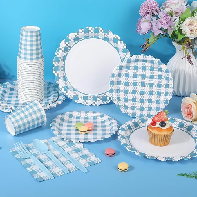 200 Pcs Light Blue Gingham Party Supplies Blue and White Scalloped Paper Plates and Napkins Cups Disposable Gingham Checkered Plaid Dessert Plates Tableware Set for Baby Shower Wedding BBQ