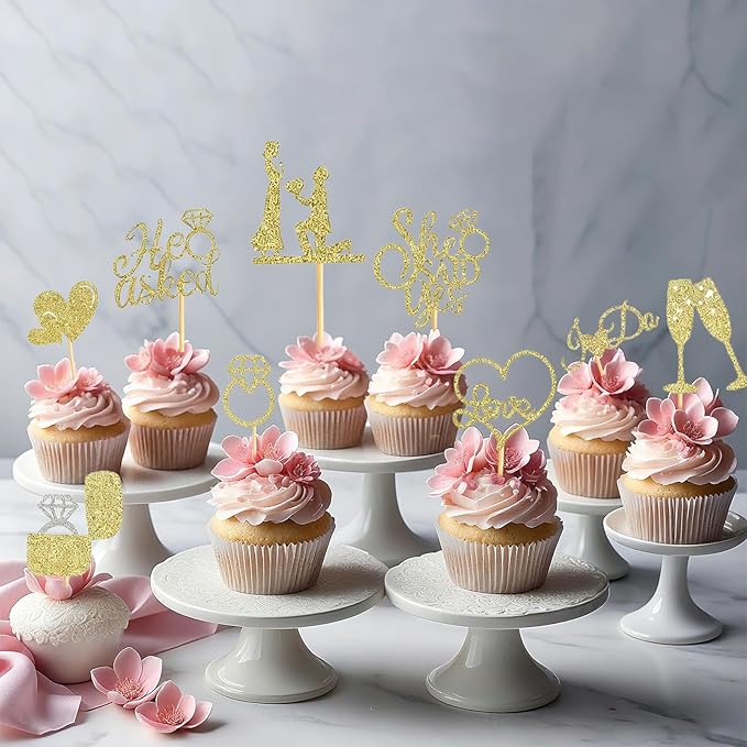 60 Pcs He Asked She Said Yes Cupcake Toppers,Engagement Cupcake Toppers Glitter Diamond Ring Heart Love I Do Cupcake Picks for Engagement Wedding Party Cake Decorations,Gold