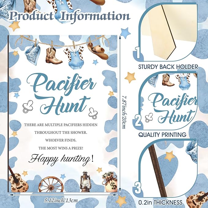 Thyle 51 Pcs Cowboy Pacifier Hunt Baby Shower Games Boys Include Hunt Sign and 50 Acrylic Pacifiers for a Little Cowboy Is on The Way Theme Baby Shower Game Decoration for Gender Reveal Party Decor