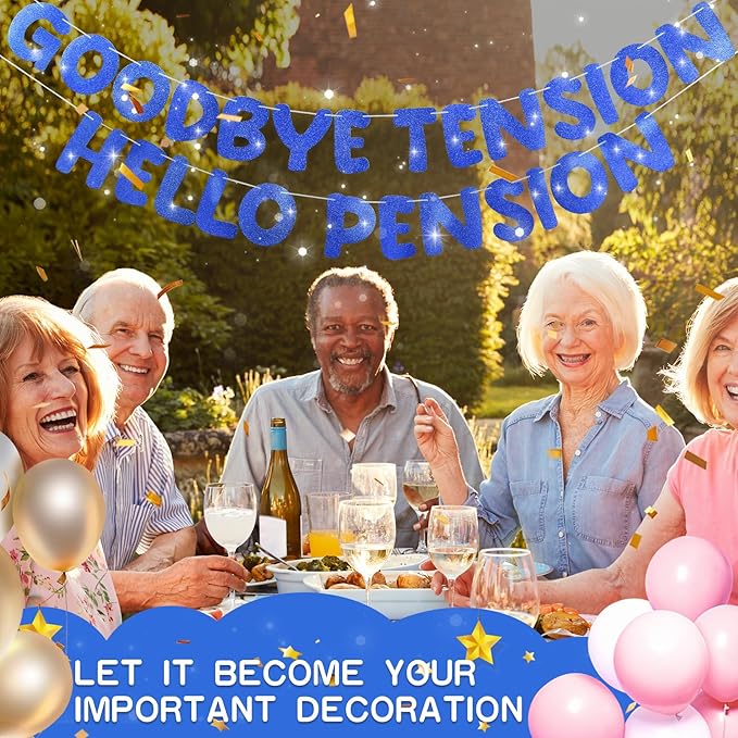 Retirement Banner Pre-Strung GOODBYE TENSION HELLO PENSION Banner Glitter Retirement Party Supplies Decorations for Women Men Office Home Decor (Blue)