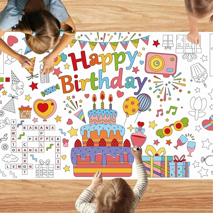 30x72 Inches Happy Birthday Giant Coloring Poster, Drawing Paper Coloring Tablecloth, Birthday Activity Poster/Table Cover, Party and Special Events Decoration, Party Games for Kids