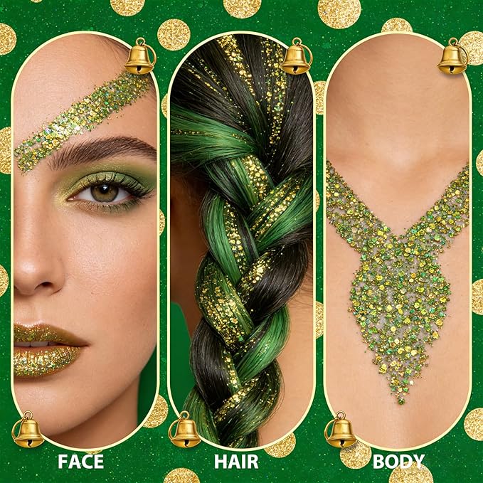 Mysense Chameleon Green Glitter Stick,Face Hair Body Glitter Makeup Shifts Green and Gold,St Patricks Day Accessories,Mardi Gras Outfit for Women,Sparkling Chunky Glitter for Festival Rave Party