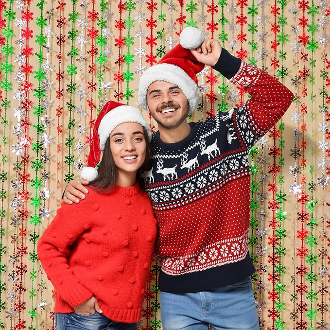 LOLStar Christmas Party Decorations, 2 Pack Foil Fringe Curtains 3.3 X 6.6 ft Red Silver Green Snowflake Tinsel Streamers Photo Backdrop for New Year, Ugly Sweater Party
