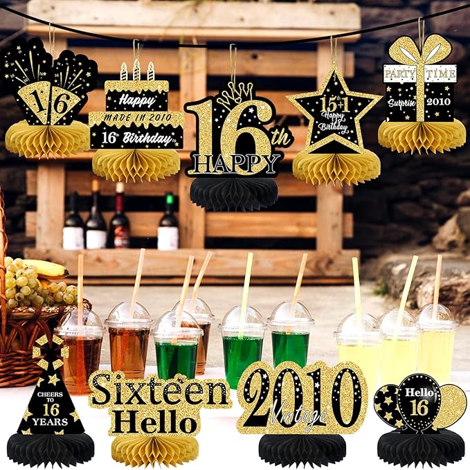 9Pcs Black Gold 16th Birthday Decorations Honeycomb Centerpieces for Boys Girls,Happy 16th Birthday Centerpieces Tables Toppers Party Decorations Supplies 16th Table Sign Decor