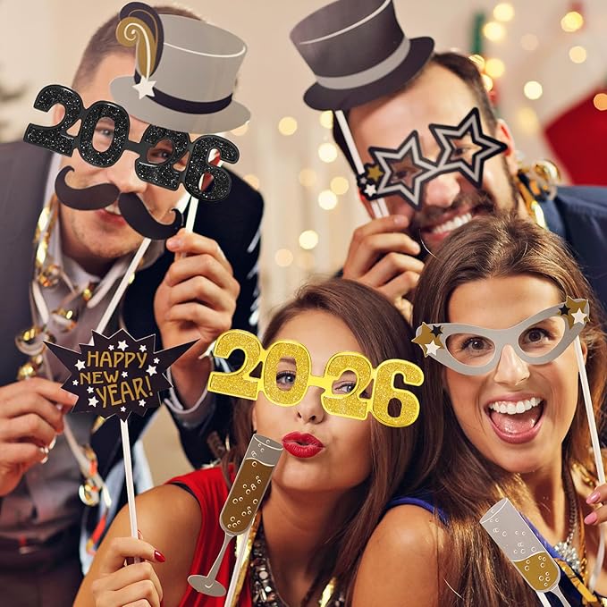 Kanayu 3 Pcs 2026 New Years Party Supplies Glasses New Years Eve Glasses Props for Women Men, Gold, Silver, Black(Glitter Style)