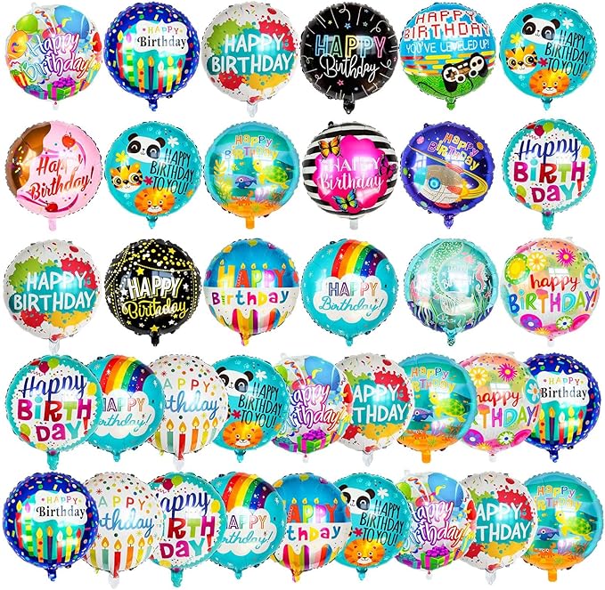 180Pcs Happy Birthday Mylar Balloons, 18IN Round Birthday Foil Helium Balloons Bulk for Party Decoration Supplies