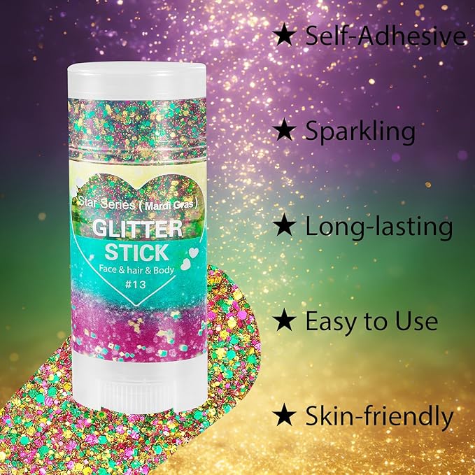 Mysense Mardi Gras Face Hair Body Glitter Stick,Mardi Gras Outfit for Women,Purple Green Gold Glitter Makeup,Festival Party Rave Accessories Sparkling Chunky Glitter