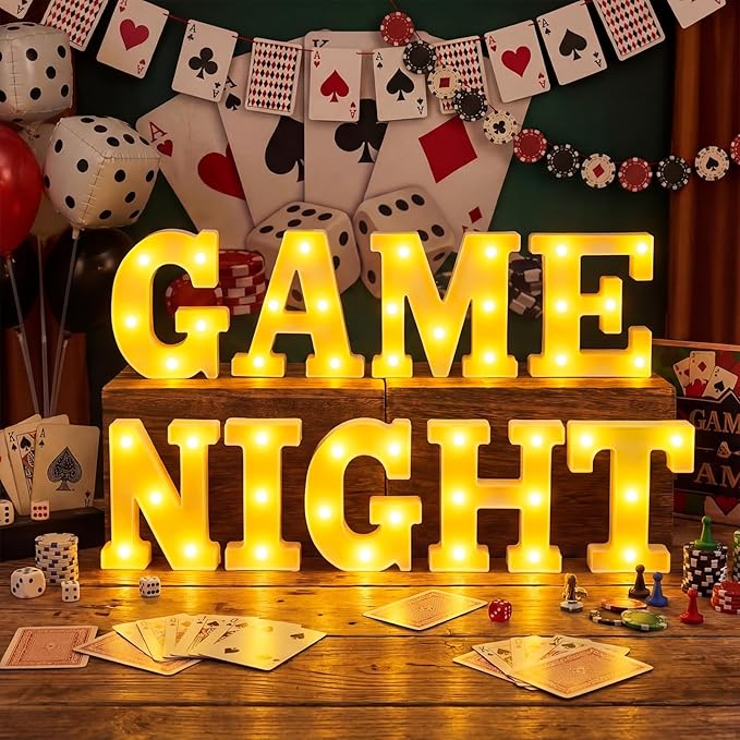 Honoson 9 Pcs Casino Theme Party Decorations Game Night Lights up LED Table Sign Decor for Game Birthday Casino Night Playing Card Family Party Supplies