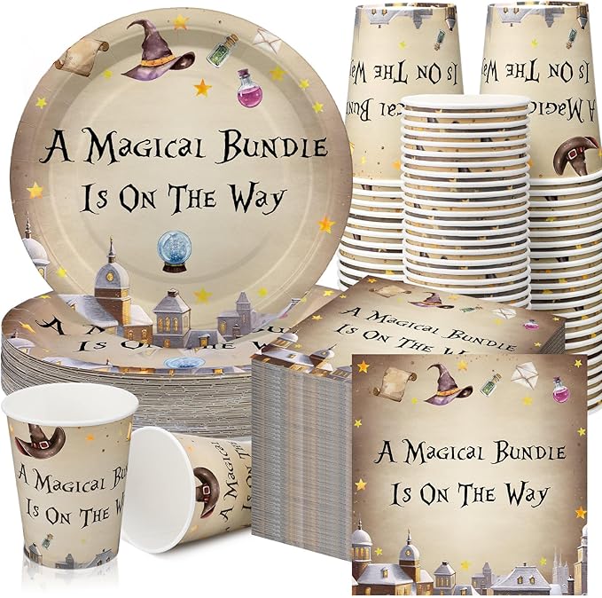 Hushee 200 Pcs Magical Wizard Baby Shower Paper Plates Napkins Cups Baby Shower Party Supplies Tableware Set Magical Wizard Theme Disposable Cup Napkin for 50 Guest Sets Party Decoration Boy Girl