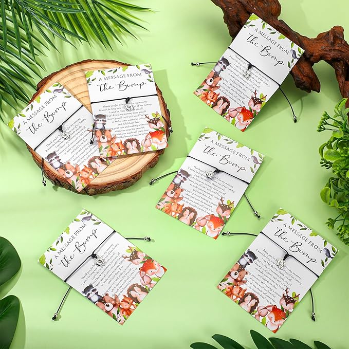 Thyle 50 Set Woodland Baby Shower Favors for Guests Adjustable Bracelets with Message from the Bump Card Footprints Charm Baby Shower Bracelets for Gender Reveal Thank You Gifts