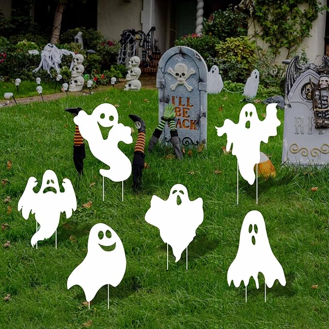 Halloween Outdoor Decorations Yard Signs Stakes 6Pc Ghost Lawn Decorations Signs Hanging Ghost for Garden Yard Scary Halloween Party Supplies Trick or Treat Party Decorations Outside