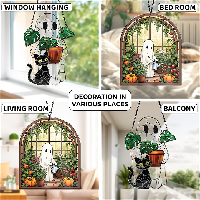2 Cute Halloween Decoration Suncatchers, 6" Spooky Cute Ghost Plant Window Hangings, Ghost with Black Cat Greenhouse, Pumpkin Ornaments Home Garden, Gifts for Mom, Plant Lovers, Women, Girl SS358