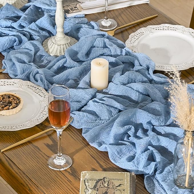 Artoid Mode Boho Cheesecloth Gauze Smoky Blue Wedding Table Runner, 120 Inch Seasonal Fabric Kitchen Dining Holiday Table Decor for Home Party Indoor
